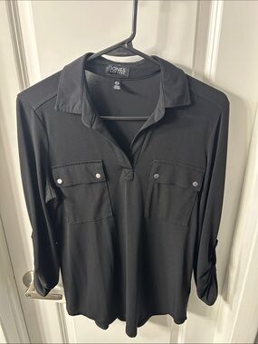 Jones New York Black Button-Pocket Collared Top